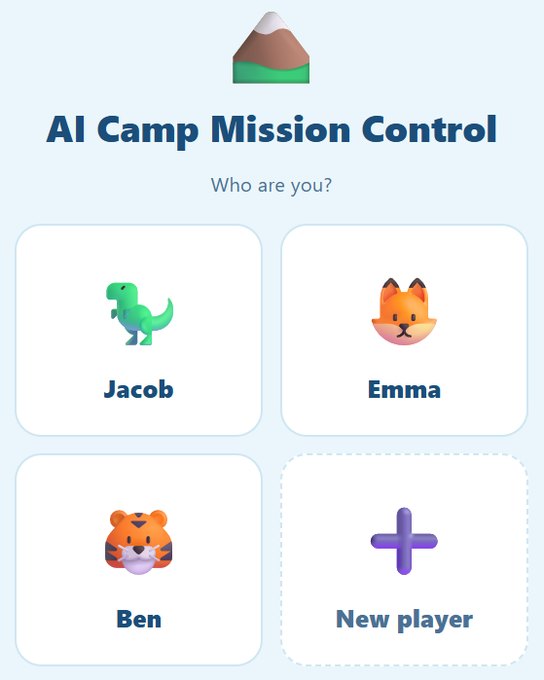 The KI-Camp start screen, asking who is using it, with a card to pick for each person.